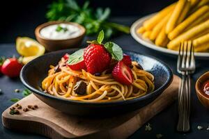 spaghetti with mushrooms and tomatoes in a bowl. AI-Generated photo