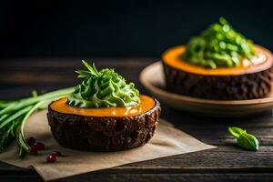 two small desserts with green toppings on a wooden table. AI-Generated photo