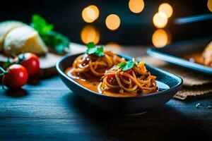 espaguetis con tomate salsa y carne en un bol. generado por ai foto