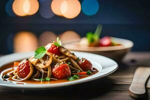 un plato de pasta con Tomates y hongos en un de madera mesa. generado por ai foto