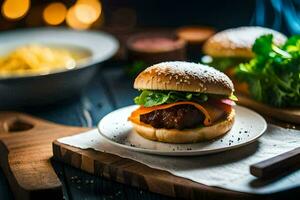 two hamburgers on a wooden cutting board. AI-Generated photo