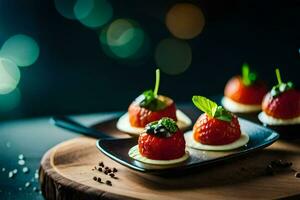 strawberries on a plate with cheese and mint. AI-Generated photo