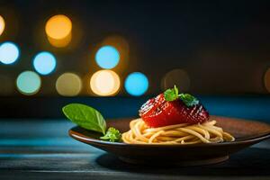 spaghetti with tomato and basil on a wooden plate. AI-Generated photo