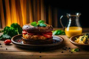 a burger with tomatoes and cheese on a wooden table. AI-Generated photo