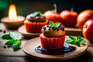 a cupcake with chocolate icing and berries on a wooden table. AI-Generated photo