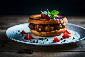 a hamburger with meatballs and strawberries on a plate. AI-Generated photo