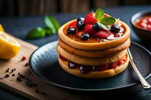 stack of pancakes with berries and syrup on a black plate. AI-Generated photo