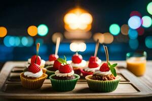 small cupcakes with strawberries and cream on a wooden tray. AI-Generated photo
