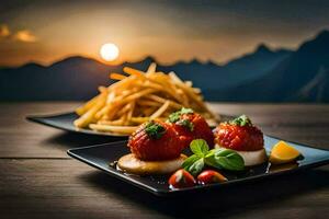 tomato and cheese pizza with fries on a wooden table. AI-Generated photo