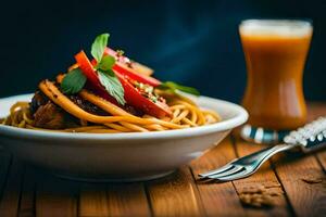 a plate of noodles with vegetables and a glass of orange juice. AI-Generated photo