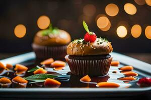 two cupcakes on a plate with carrots and chocolate. AI-Generated photo