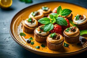 mini cupcakes with cheese and herbs on a plate. AI-Generated photo