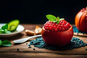 a bowl of berries and a spoon with a green leaf. AI-Generated photo