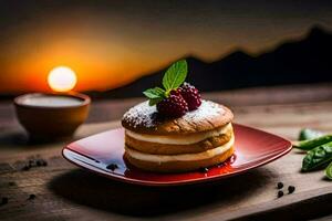 the sunset is the perfect backdrop for a delicious breakfast. AI-Generated photo