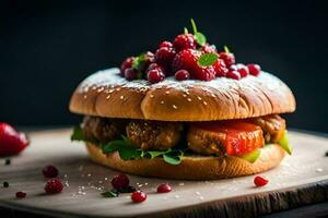 a hamburger with berries and meat on a wooden board. AI-Generated photo