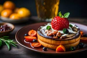 un plato con panqueques y fresas en él. generado por ai foto