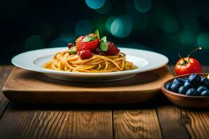 spaghetti with berries and tomatoes on a wooden table. AI-Generated photo