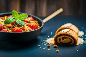 a bowl of pasta with strawberries and nuts. AI-Generated photo