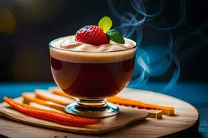 a cup of coffee with a strawberry and carrots. AI-Generated photo