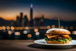 a hamburger on a plate with a cityscape in the background. AI-Generated photo