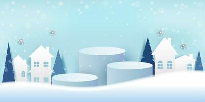 podium to showcase products. empty podium with minimalist design and winter background vector