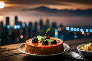 a dessert and a bowl of soup on a table in front of a cityscape. AI-Generated photo