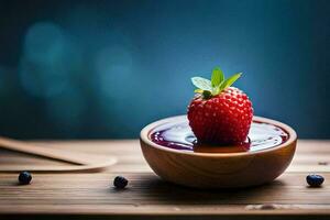 a bowl of strawberry jam on a wooden table. AI-Generated photo