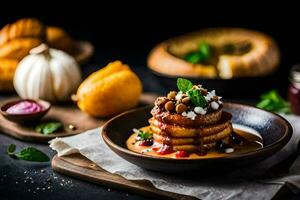 pumpkin pancakes with a sweet and savory sauce. AI-Generated photo