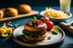 a hamburger with cheese, tomatoes and other ingredients. AI-Generated photo