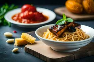 espaguetis con carne y salsa en un bol. generado por ai foto