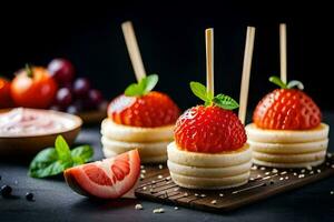strawberries and cheese on sticks with a cherry on top. AI-Generated photo