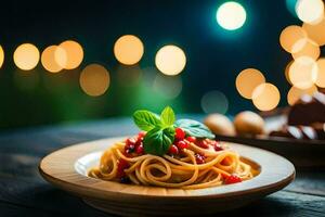 spaghetti with tomato sauce and basil leaves on a wooden table. AI-Generated photo