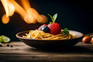 spaghetti with berries and herbs on a wooden table. AI-Generated photo