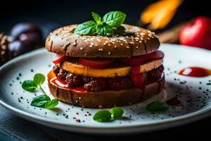 a hamburger with berries and apples on a plate. AI-Generated photo