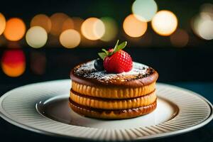 a stack of pancakes on a plate with a strawberry. AI-Generated photo