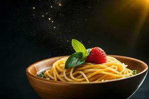 spaghetti with fresh basil and a strawberry on a wooden plate. AI-Generated photo