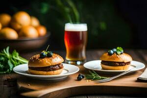two burgers on white plates with blueberries and a beer. AI-Generated photo