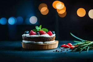 a cake with berries and cream on a wooden plate. AI-Generated photo