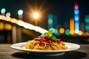 un plato de espaguetis con tomate salsa y albahaca hojas en un de madera mesa en frente de un ciudad. generado por ai foto