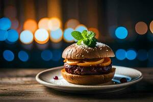 a hamburger on a plate with a light background. AI-Generated photo