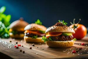 pequeño hamburguesas con Tomates y otro vegetales en un de madera tablero. generado por ai foto