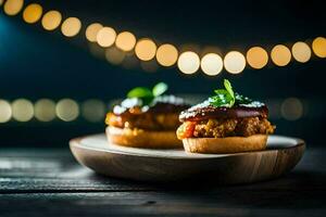 two mini burgers on a wooden plate with lights in the background. AI-Generated photo