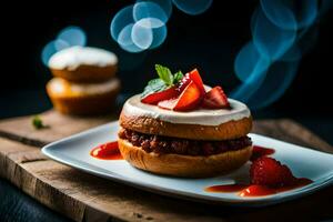 a hamburger with strawberry sauce and a cupcake on a plate. AI-Generated photo