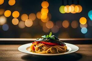 un plato de pasta con un pescado en él. generado por ai foto