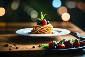 a plate with spaghetti and berries on a wooden table. AI-Generated photo