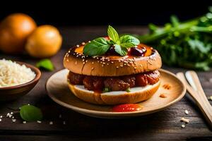 un hamburguesa con carne y vegetales en un lámina. generado por ai foto