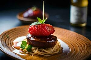 a plate with spaghetti and strawberries on top. AI-Generated photo