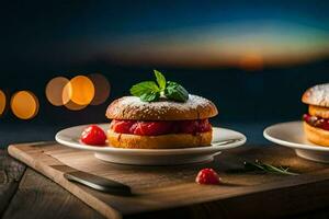 two small cakes with berries on a wooden table. AI-Generated photo