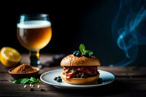 un hamburguesa con arándanos y un vaso de cerveza. generado por ai foto