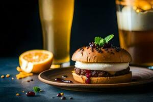 un hamburguesa con queso y un bebida en un lámina. generado por ai foto